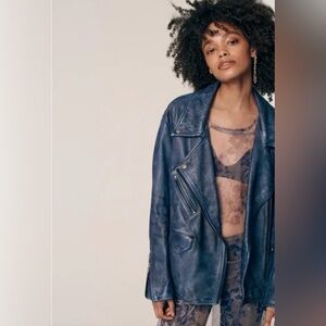 New Free People We The Free Jealousy Leather Moto Jacket Cobalt Navy Blue $698